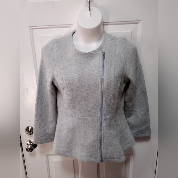 Isaac Mizrahi Blue Textured Peplum Moto Zip Front Wool Blend Jacket Sz M - Picture 4 of 10